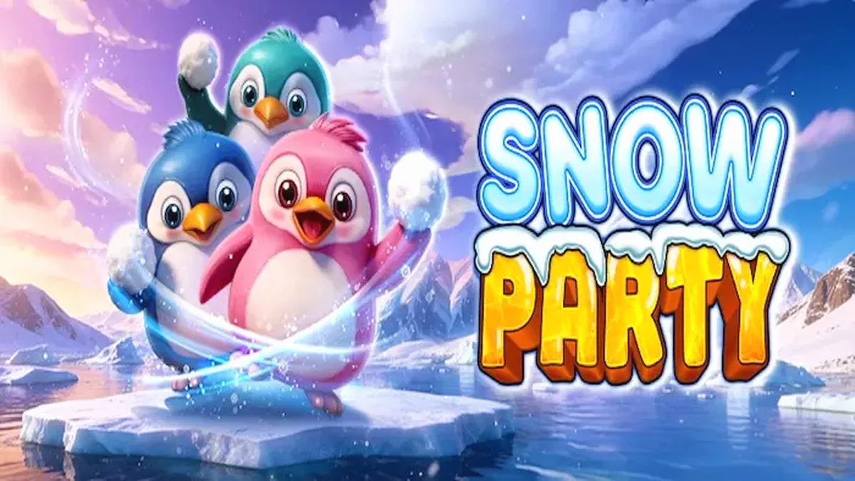 Personagens pinguins festejando no jogo de slot Snow Party