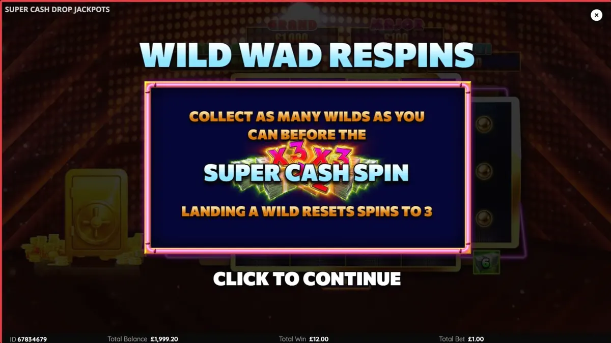 Interface neon do jogo Super Cash Drop Jackpots com símbolos de cofres e dinheiro