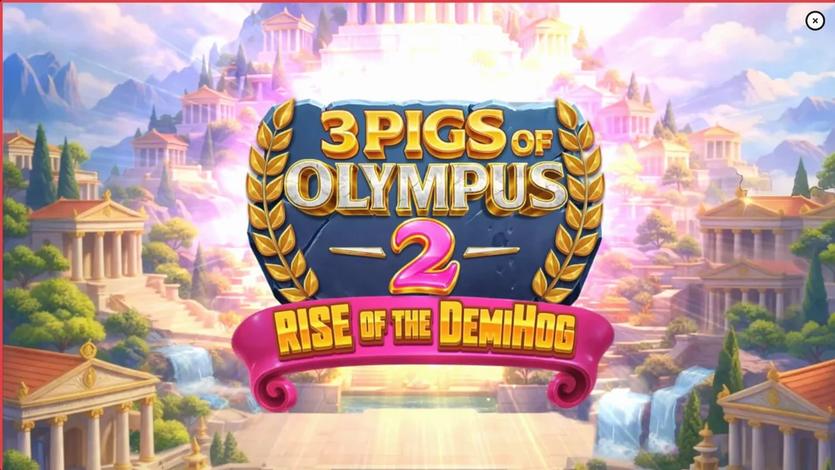 Personagens suínos em um cenário épico do Olimpo no slot 3 Pigs of Olympus 2